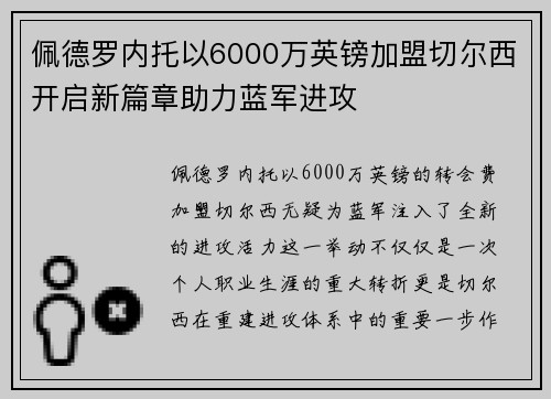 佩德罗内托以6000万英镑加盟切尔西开启新篇章助力蓝军进攻