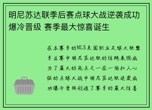 明尼苏达联季后赛点球大战逆袭成功爆冷晋级 赛季最大惊喜诞生